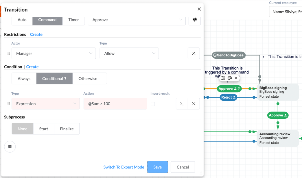 Workflow Engine transition expression