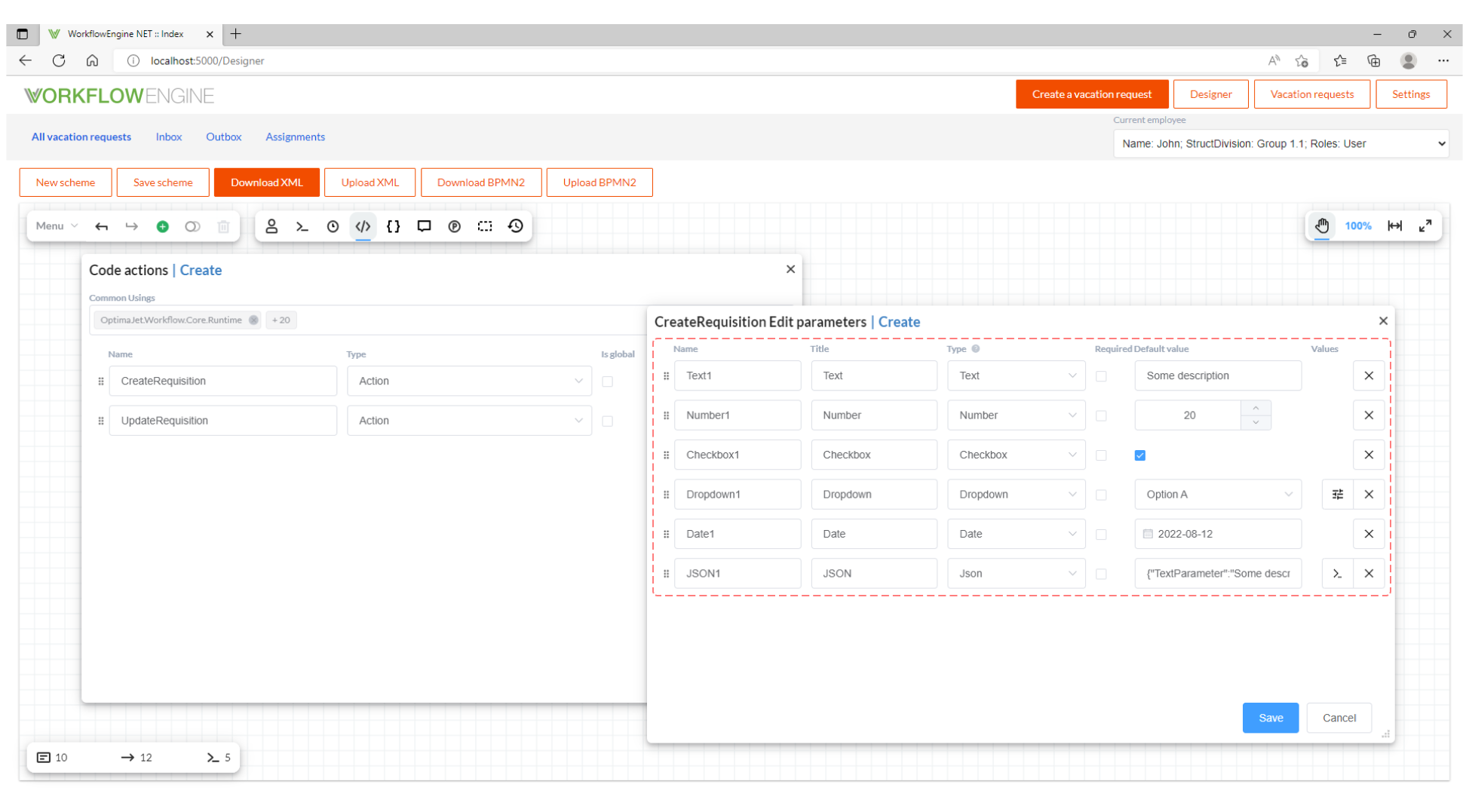 Edit parameter window